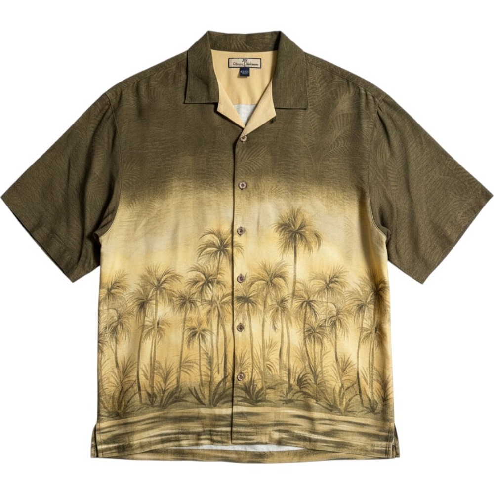 Tommy Bahama Mens Large Silk Palm Tree Ombre Jacquard Camp Shirt Olive Sand